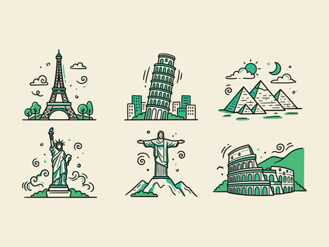 Set of famous world landmarks and travel monuments icons
