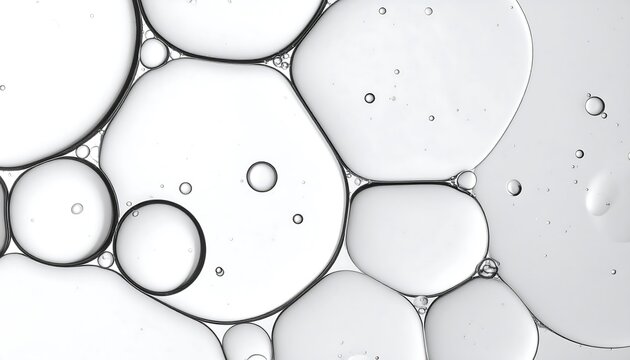 Close up of bubbles and droplets on a flat surface showing different shapes and sizes in clear liquid