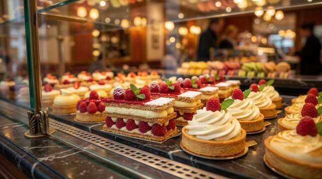 French pastries showcased at a confectionery store in France.
