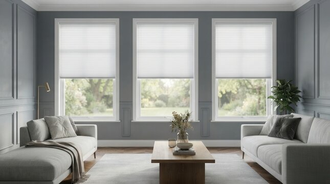Extra large white pleated blinds with a 50mm fold installed in window openings.