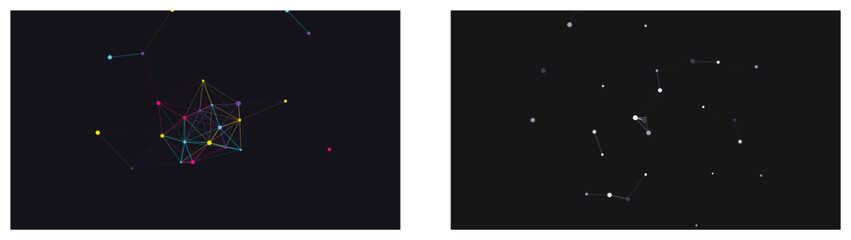 Minimalist geometric constellation of multicolored points and lines representing neural pathways or modern global technology networks © Hafiz