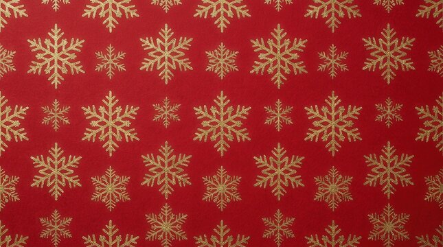 Full frame image of red seasonal wrapping paper with a repeating design of gold snowflakes