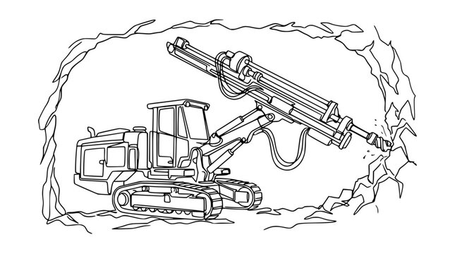 Mining drill rig excavating rock inside a cave, industrial construction equipment illustration