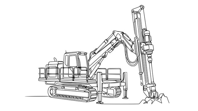 Heavy duty drilling machine excavating rocky terrain, construction equipment line art