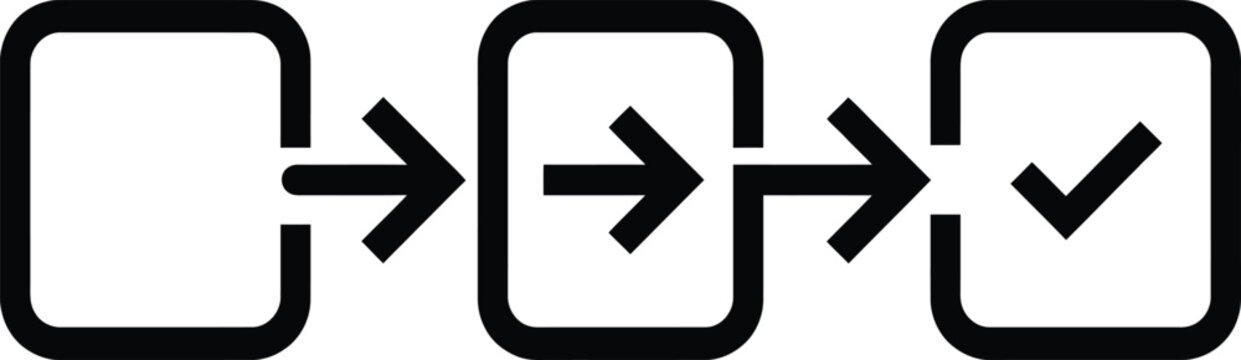 Minimalist workflow process icon set showing progress from start to completion with arrow and check mark symbols