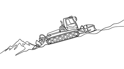Naklejka premium Snow groomer machine on a slope, mountain landscape, continuous line art drawing