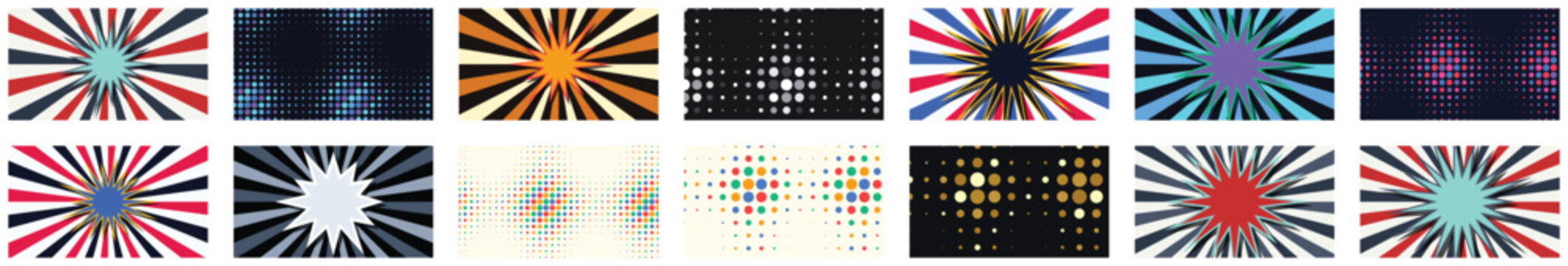 Retro comic book style explosion sunburst designs paired with diverse dark and light halftone patterns