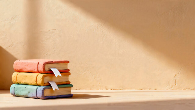 Minimalist 3D Clay Stack of Books with Copy Space