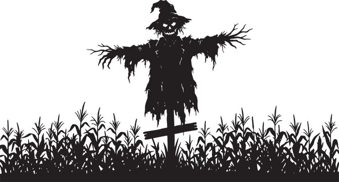 Spooky silhouette of a scarecrow in a cornfield for halloween decorations