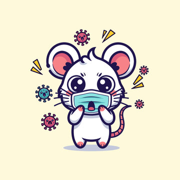 Cute cartoon mouse wearing a face mask surrounded by cartoon virus particles