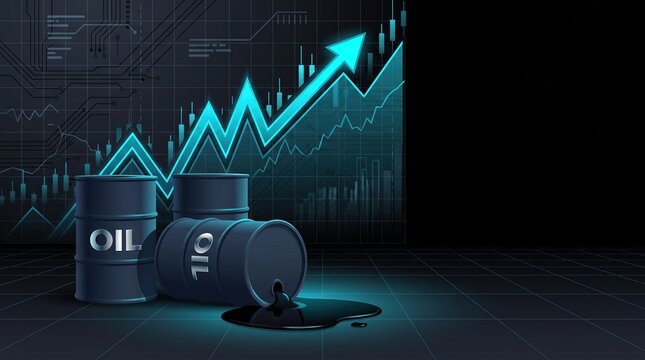 Rising petroleum market trends represented by dark barrels and glowing financial growth charts with digital background with market candlestick patterns