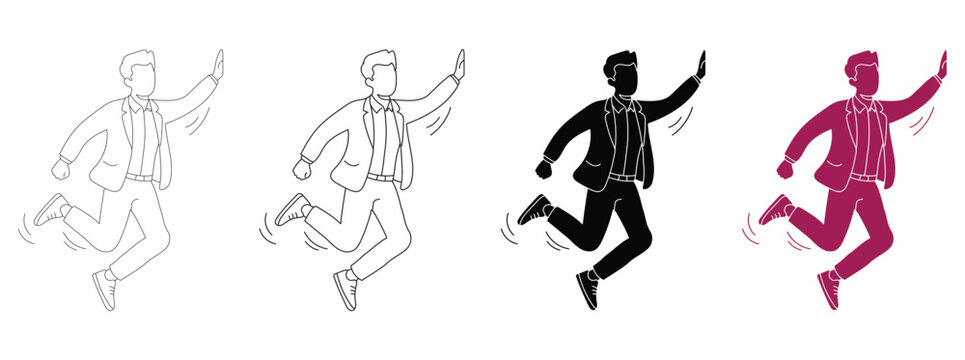 Jumping businessman line icon set with happy man silhouette and outline vector illustration