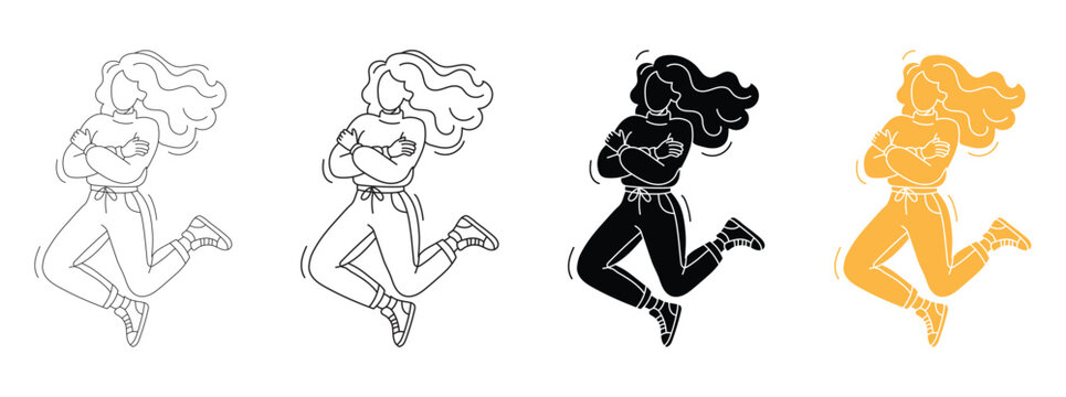 Energetic girl celebrating success featuring curly hair female character in outline style