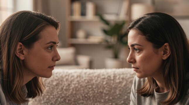 Two Women in Intense Profile Facing Each Other in Disagreement