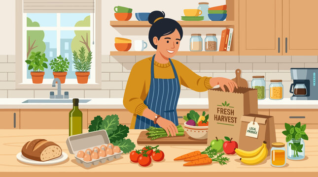 Woman unpacking fresh groceries in a bright kitchen with herbs growing by the window