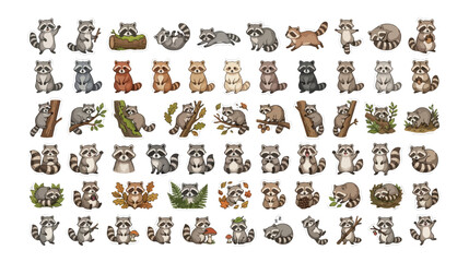 Cute Raccoon Vector Collection, a charming set of 60 cartoon raccoons in various poses and expressions, perfect for children's books, nature designs, and wildlife illustrations. © Ambreen