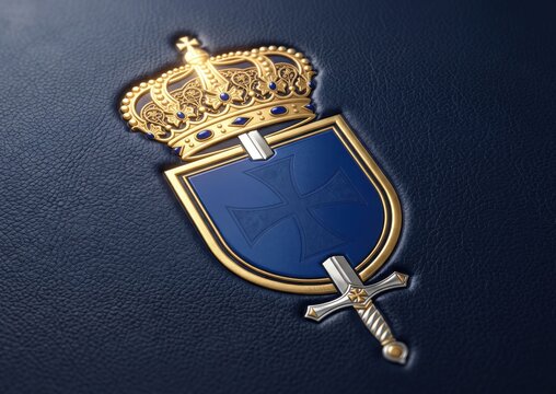 Royal blue shield emblem with golden crown and sword on dark leather