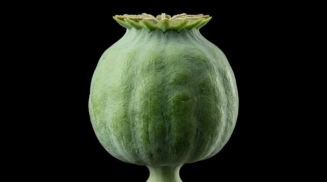 Green Opium poppy isolated on black background. Poppy Papaver somniferum flower seed head. Black square button. Green Opium poppy isolated on black background. Poppy Papaver somniferum flower seed