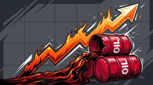 Rising oil price trend chart featuring flaming red barrels spilling crude liquid energy crisis concept with illustrates upward financial barrels leaking dark