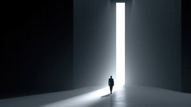 Man walks towards a bright white doorway in a dark space during an unknown time