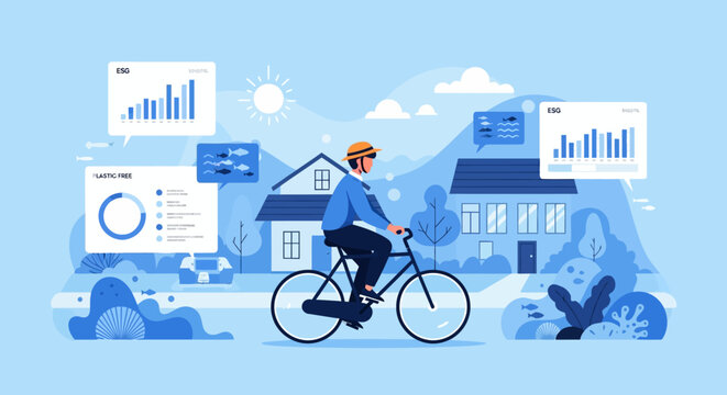 Man riding bicycle with data charts and houses in background.