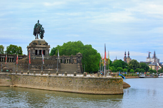 German Corner - Deutsches Eck - in Koblenz on the Moselle and Rhine River with the equestrian statue of William I on the corner.