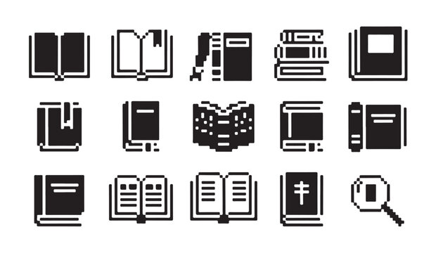 Set of 15 pixelated book icons, including various open and closed books and a magnifying glass.