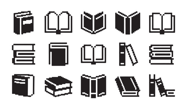 Pixel art icons for books and reading, simple flat black and white symbols.