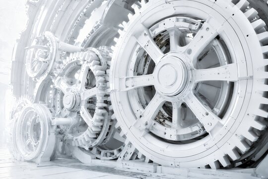 A massive mechanical gear system made of pristine white metal, futuristic clockwork, monumental scale, clean sci-fi aesthetic, soft diffuse lighting, abstract background.