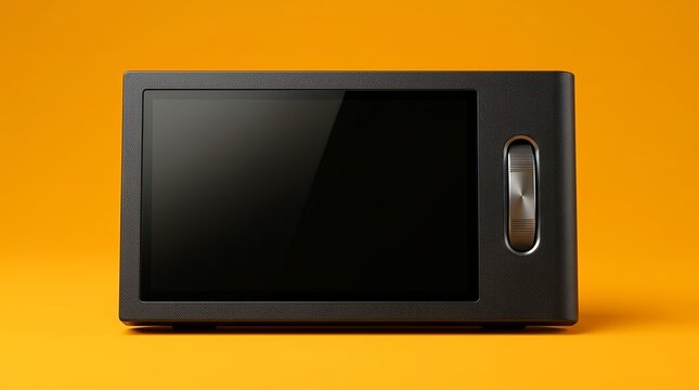 Dark display unit set against a vivid amber backdrop presented as a standalone tech item in a straight-on perspective featuring a metallic oblong control element. Dark display unit set against a