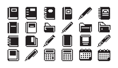 Fototapeta premium Pixelated school supplies and stationery items, organized digital assets for office work.