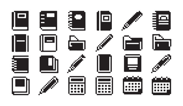 Pixelated school supplies and stationery items, organized digital assets for office work.