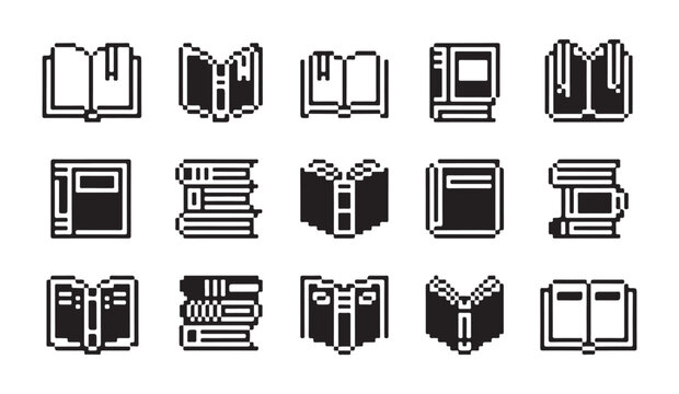 Pixel icon set of book stacks and open books, representing literature and reading.
