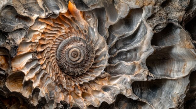 Fossilized ammonite embedded in stone, intricate spiral pattern, detailed texture, natural history.