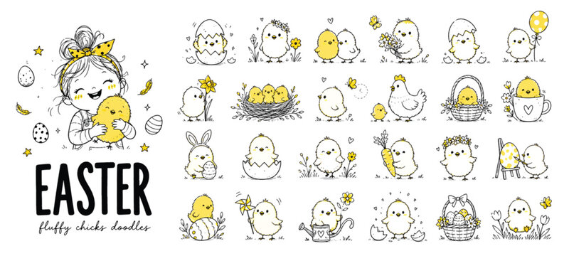 Easter chick doodles showcase a series of charming yellow and black ink illustrations depicting fluffy birds and spring themes.