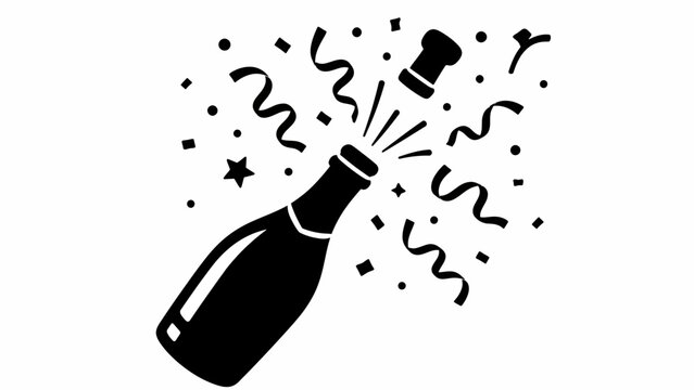 A celebratory champagne bottle popping with confetti and streamers. The black and white illustration depicts an explosive moment of joy and festivity