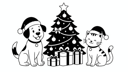 Fototapeta premium A cute dog and cat wearing Santa hats sit next to a decorated Christmas tree and presents, all in a black and white illustration