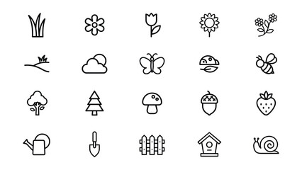 Fototapeta premium Collection of Minimalist Line Drawing Icons Featuring Nature Elements and Garden Symbols with Transparent Background