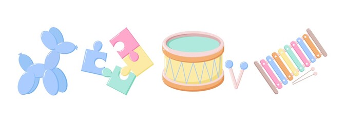 Colorful children’s toys including balloon dog, puzzle pieces, drum, and rainbow xylophone on white background, symbolizing fun