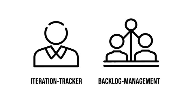 Iteration tracker and backlog management team icons with iteration management software development planning hierarchy structure workflow
