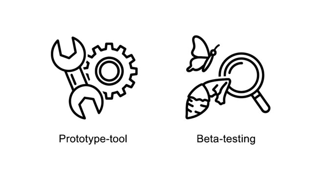 Software development icons prototype tool and beta testing set with prototype software development butterfly magnifying interface application