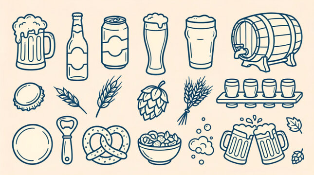 Vintage beer brewery icon set, hand drawn craft beer illustrations in blue line art style, 18 brewery elements for pub menu and bar branding