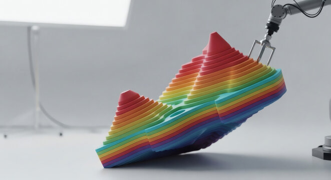 Robotic arm precisely manipulates a vibrant, rainbow-layered, 3D-printed structure, showcasing advanced manufacturing and innovation
