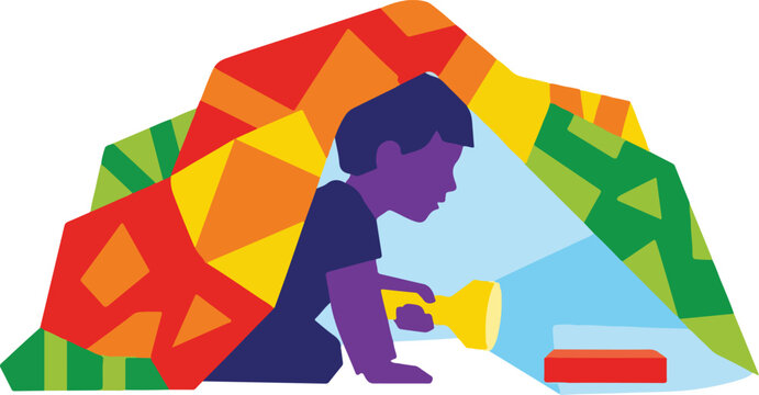 Colorful vector illustration of a child exploring a blanket fort with a flashlight, depicting curiosity, adventure, and imaginative play on a white background