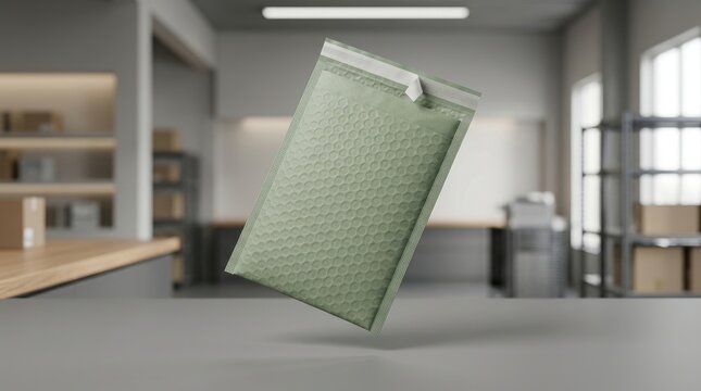 Sage green padded envelope mockup floating in a warehouse setting for e commerce branding
