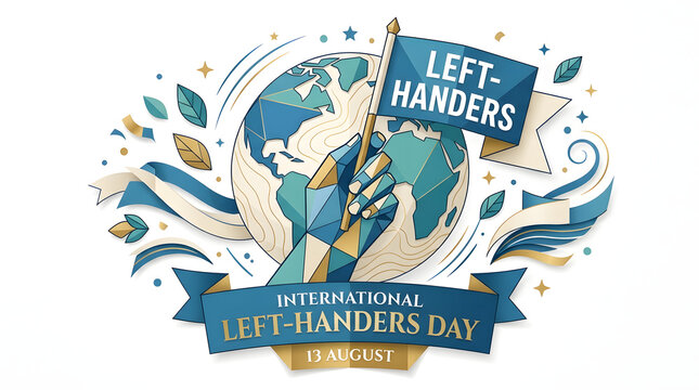 International left-handers day banner featuring hand holding a globe flag design left handed template
