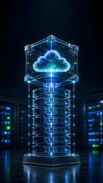 Cloud security tower represents protected online storage and secure data transfer within modern server infrastructure.