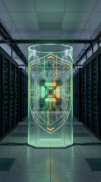 Transparent security shield surrounds critical data center systems to represent layered infrastructure protection and cyber defense.