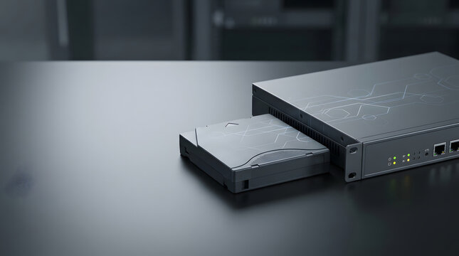 Secure network hardware device on an office desk supports business connectivity and protected data communication.