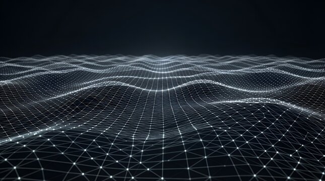 Abstract digital terrain formed by a glowing white mesh wave surface with interconnected nodes and lines on a dark background